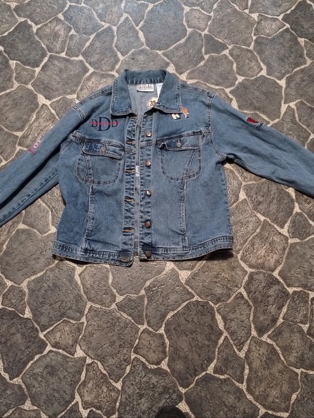 Bill Blass mens button up denim jacket with custom NASCAR patches size S VGE